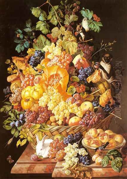 A Basket of Fruit with Animals Oil Painting by Leopold Zinnogger