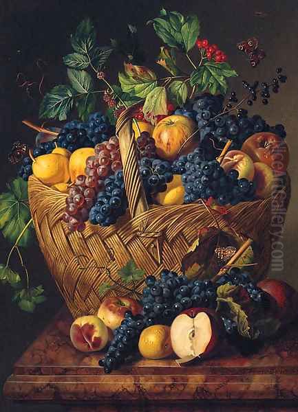 Grapes, Apples And Pears In A Basket With Berries And Butterflies On A Marble Ledge Oil Painting by Leopold Zinnogger