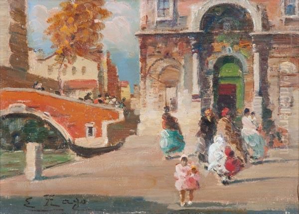 Veduta Della Chiesa Di San Rocco Con Un Ponte E Figure Oil Painting by Erma Zago