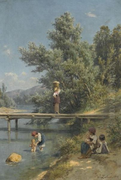 Romische Bauernmadchen Mit Kleinkindern Am Flussufer Oil Painting by Johann Zahnd