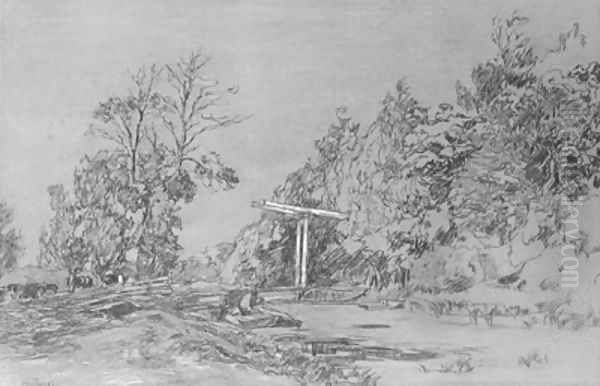 A wooded landsape with a peasant in a praam by a draw-bridge Oil Painting by Willem de Zwart