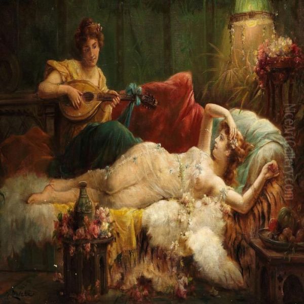 Interior With A Lightly Dressed Woman And A Lute Player Oil Painting by Hans Zatzka