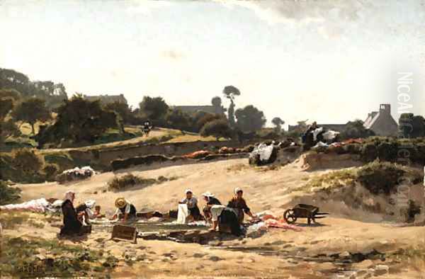 Women washing the clothes in a stream Oil Painting by Jean Henri Zuber