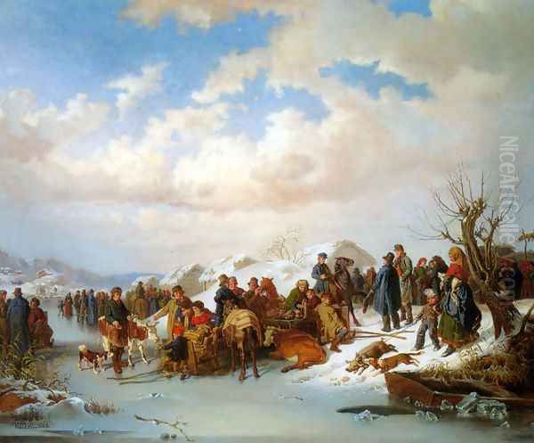 A Village Gathering along a Frozen River Oil Painting by Kilian Christoffer Zoll