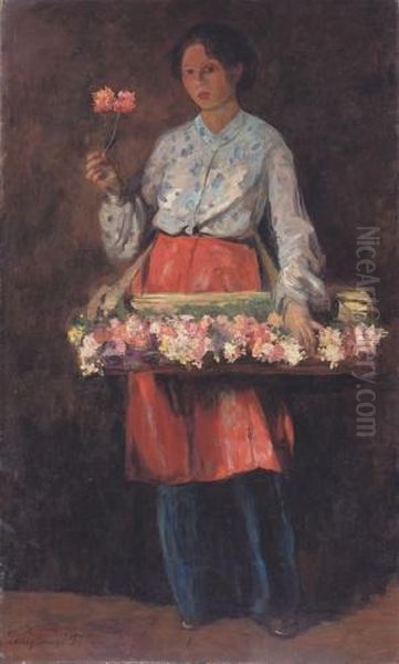 Flower Seller Girl Oil Painting by Tivadar Zemplenyi