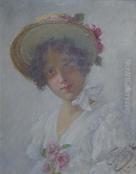 Portrait Of A Young Lady With Roses In Her Hat Oil Painting by Carl Zewy