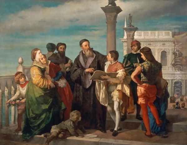 The Meeting Between Titian (1488-1576) and Veronese (1528-88) on the Ponte della Paglia Oil Painting by Antonio Zona