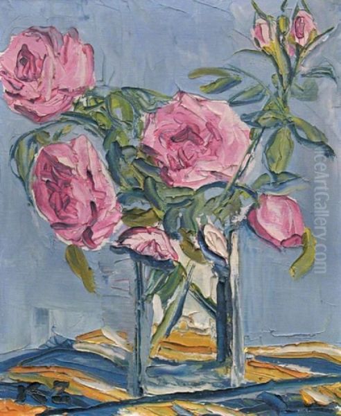 Bouquet De Roses Dans Un Vase En Cristal Oil Painting by Kazimierz Zieleniewski