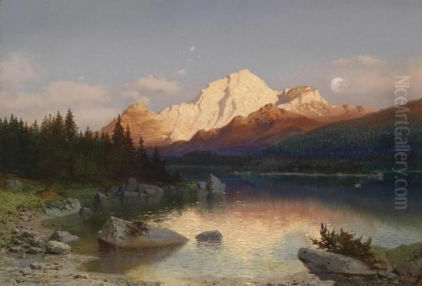 Evening Light Over The Hoher Goll Oil Painting by August Albert Zimmermann