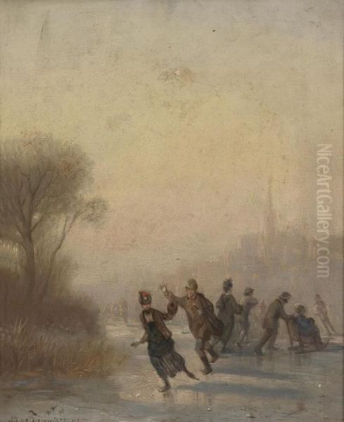 Ice Skaters Oil Painting by August Albert Zimmermann