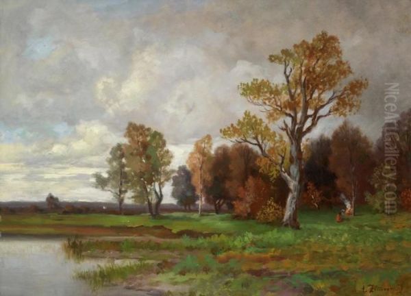 Malerische Landschaft Mit Teich Oil Painting by Alfred Zimmermann