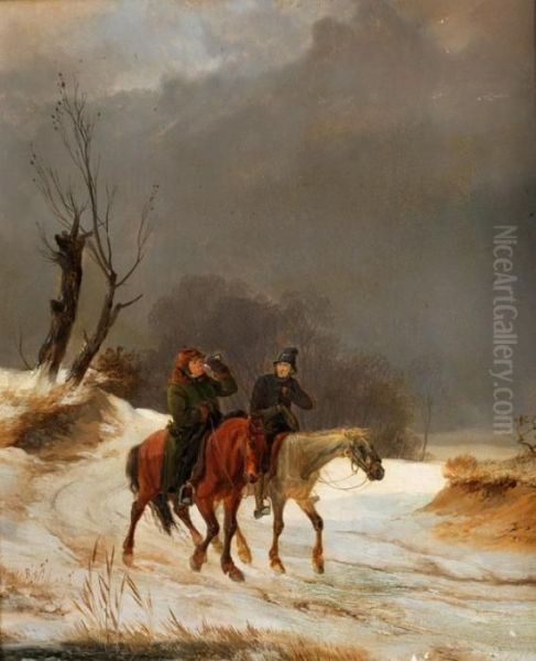 Zwei Reiter In Verschneiter Landschaft Oil Painting by August Richard Zimmermann