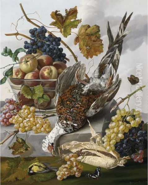 A Hunting Still Life With A Pheasant, Grapes, Peaches And Butterflies On A Stone Ledge Oil Painting by Leopold Zinnogger