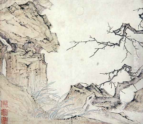 Narcissus, Plum Tree and Landscape Oil Painting by Lu Zhi