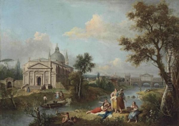 An Italianate River Landscape Oil Painting by Francesco Zuccarelli