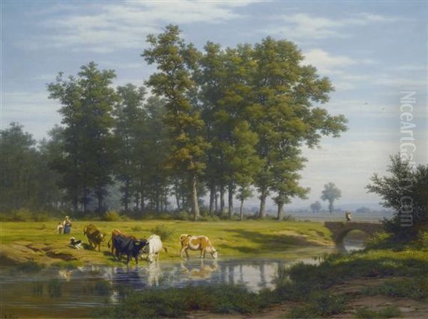 Landscape With Herd Of Cattle At A Stream Oil Painting by Robert Zund