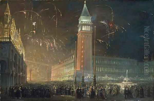 A fireworks display over Saint Mark's Square, Venice Oil Painting by Francesco Zanin