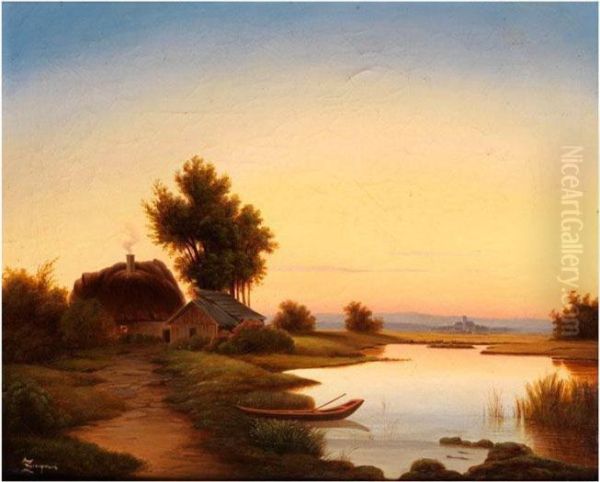 Abendstimmung Am Gewasser Oil Painting by Anton Zwengauer