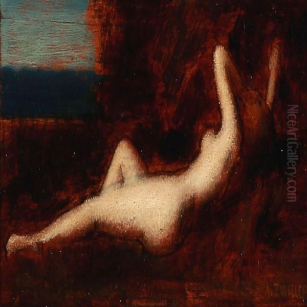 Nude Female In A Landscape Oil Painting by Augustin Zwiller