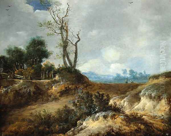 A dune landscape with peasants by a fence Oil Painting by Cornelis van Zwieten