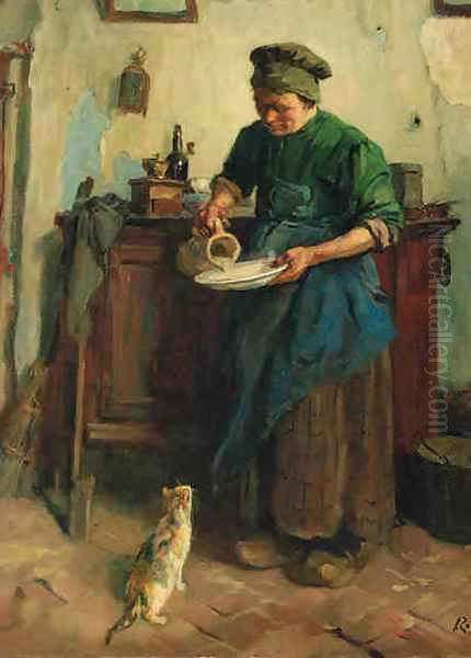 Feeding the cat Oil Painting by Jacques Abraham Zon