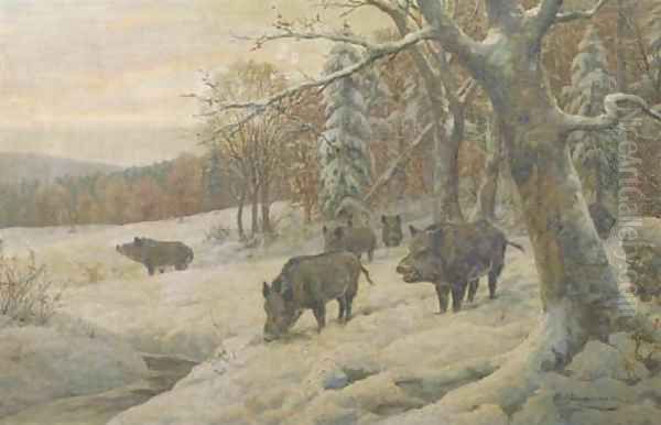 Venturing out of the snowy forest Oil Painting by Carl Friedrich Zimmermann