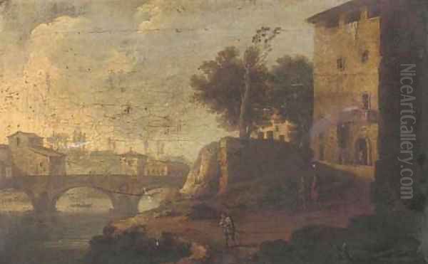 Figures before a bridge in an Italianate landscape Oil Painting by Francesco Zuccarelli