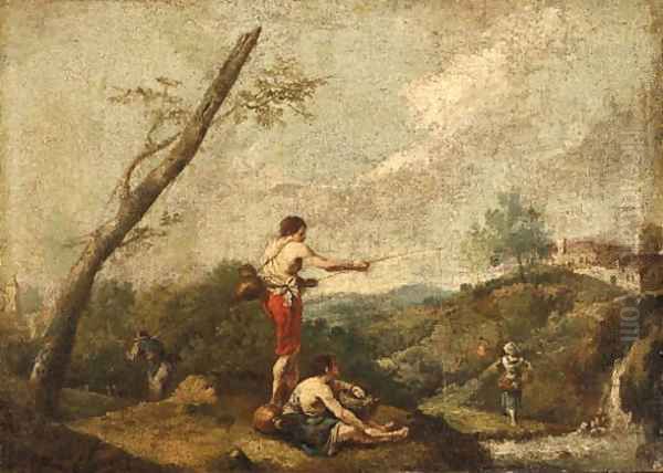 An Italianate Landscape with Fishermen on the Banks of a Stream, a Water Carrier nearby Oil Painting by Francesco Zuccarelli