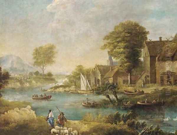 A river landscape with fishermen and shepherds by a village Oil Painting by Francesco Zuccarelli