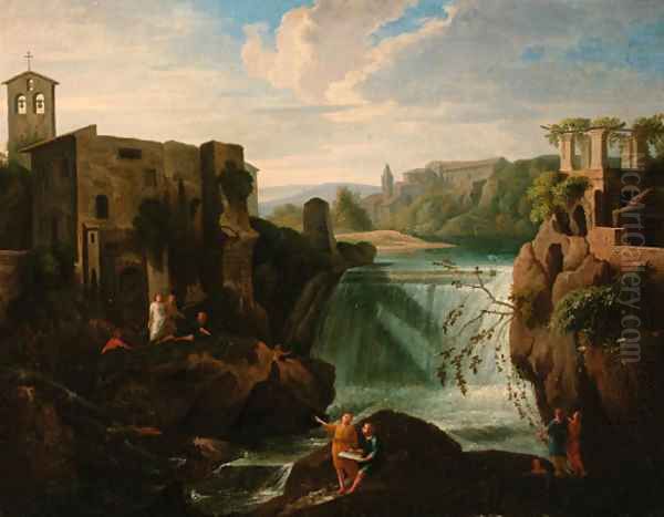 A river landscape with figures before a waterfall Oil Painting by Francesco Zuccarelli