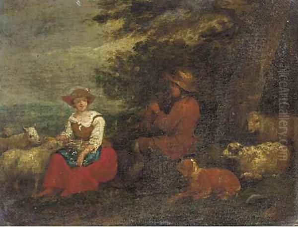 A shepherd playing a flute to a shepherdess with sheep and a dog Oil Painting by Francesco Zuccarelli