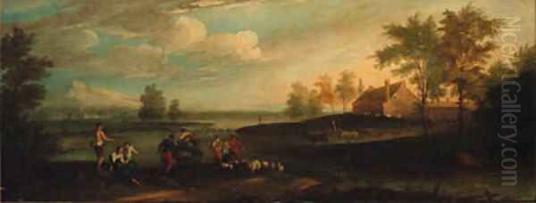 An extensive river landscape with shepherds and anglers on a bank Oil Painting by Francesco Zuccarelli