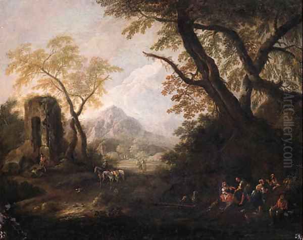 Gypsies on a river-bank in an Italianate landscape Oil Painting by Francesco Zuccarelli