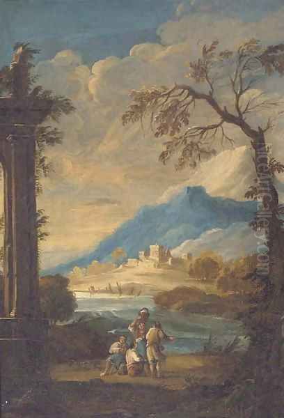 Travellers by a lakeside ruin Oil Painting by Francesco Zuccarelli