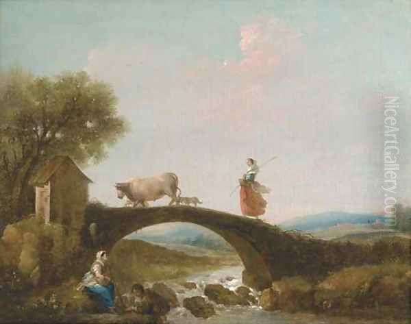 A river landscape with a girl walking over a bridge, anglers beneath Oil Painting by Francesco Zuccarelli