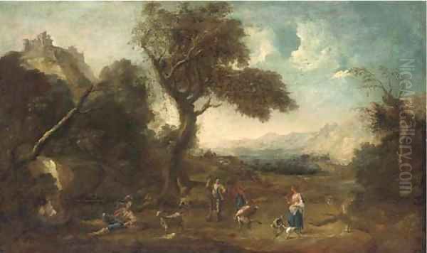 An extensive landscape with huntsmen in the foreground Oil Painting by Francesco Zuccarelli