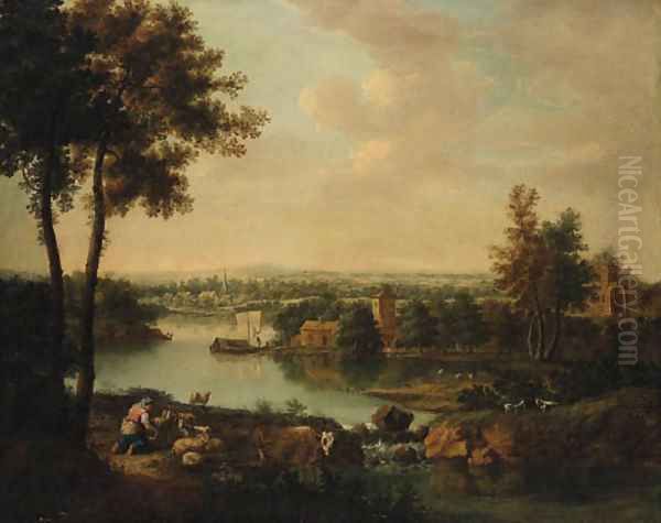 An extensive River Landscape with a Maid milking Goats on a Bank, a Village beyond Oil Painting by Francesco Zuccarelli