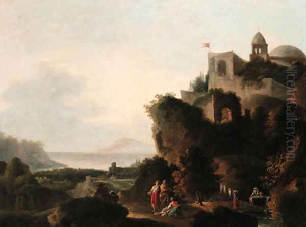 An Italianate coastal landscape with peasants before a fortified hilltop castle Oil Painting by Francesco Zuccarelli