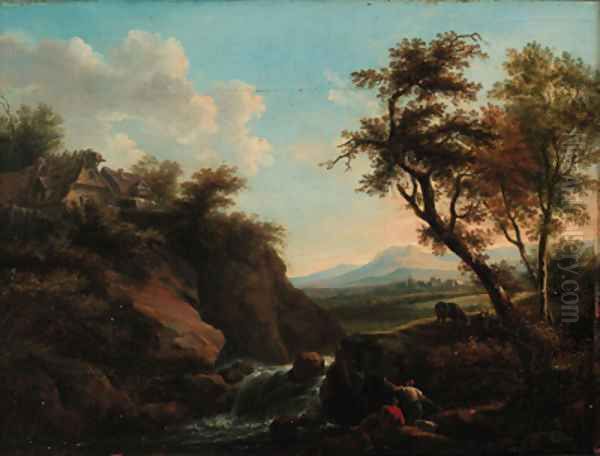 Figures in a rocky river landscape with a town beyond Oil Painting by Francesco Zuccarelli