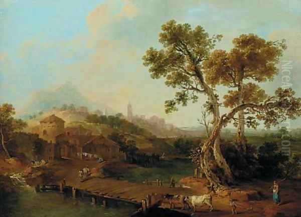 A river landscape with a shepherdess, a city beyond Oil Painting by Francesco Zuccarelli