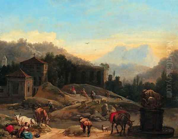 An extensive Italianate landscape with travellers by a well Oil Painting by Francesco Zuccarelli