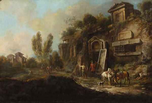 Sportsmen by a ruined mansion in an Italianate landscape Oil Painting by Francesco Zuccarelli