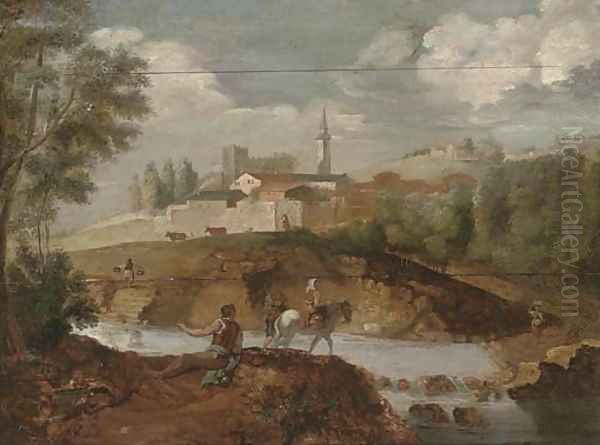 A wooded river landscape with an angler on a river bank, and travellers crossing the river, a town beyond Oil Painting by Francesco Zuccarelli