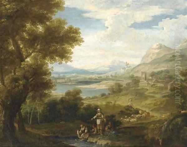 An extensive landscape with shepherdesses and washerwomen by a lake Oil Painting by Francesco Zuccarelli