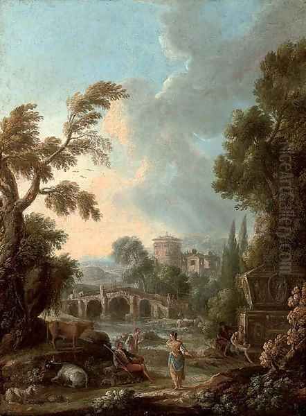 An Italianate river landscape with herdsmen on a path, a fortified tower beyond Oil Painting by Francesco Zuccarelli