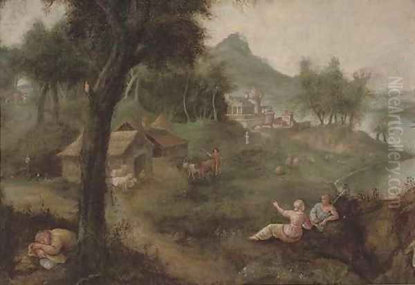 An Italianate wooded river landscape with a shepherd and his flock, a village beyond Oil Painting by Francesco Zuccarelli