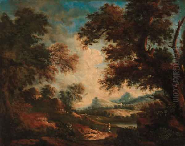 Peasants resting in extensive wooded river landscapes Oil Painting by Giuseppe Zais