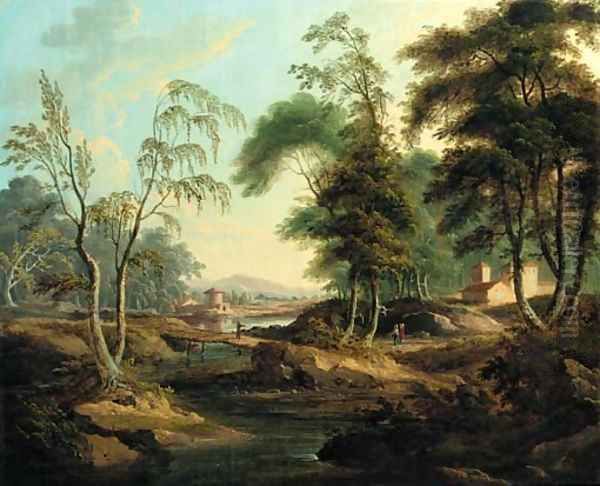 An Italianate river landscape with figures at a bridge Oil Painting by Giuseppe Zais