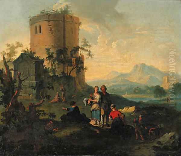 A river landscape with peasant women resting and an angler by farm buildings beyond Oil Painting by Giuseppe Zais