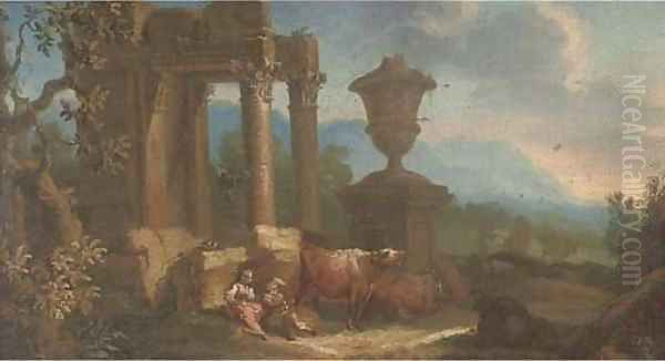 Drovers and their cattle resting by classical ruins Oil Painting by Giuseppe Zais